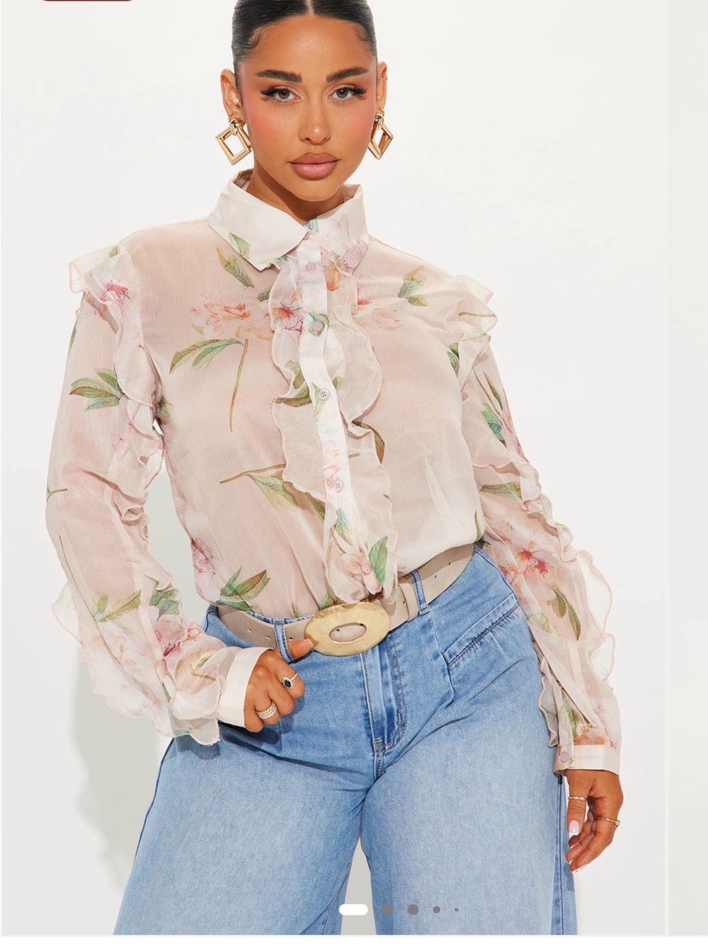 Fashion Nova Sheer Blush Floral Ruffle Button-Up Blouse